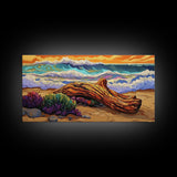 Coastal Driftwood, Waves, Sunset, Framed Canvas Print, ocean beach decor, colorful seascape, tropical wall art, living room wall art