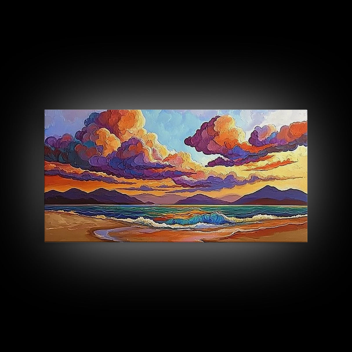 Colorful Sunset, Clouds, Mountains, Framed Canvas Print vibrant beach wall decor, sky and sea painting, boho art, coastal living room