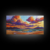 Colorful Sunset, Clouds, Mountains, Framed Canvas Print vibrant beach wall decor, sky and sea painting, boho art, coastal living room