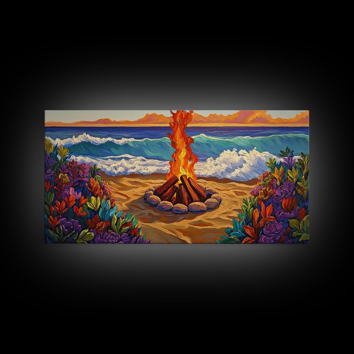 Fire Beach, Ocean, Framed Canvas Print, Sunset Beach Bonfire Painting, Vibrant Coastal Campfire Wall Art, Boho Living Room Decor