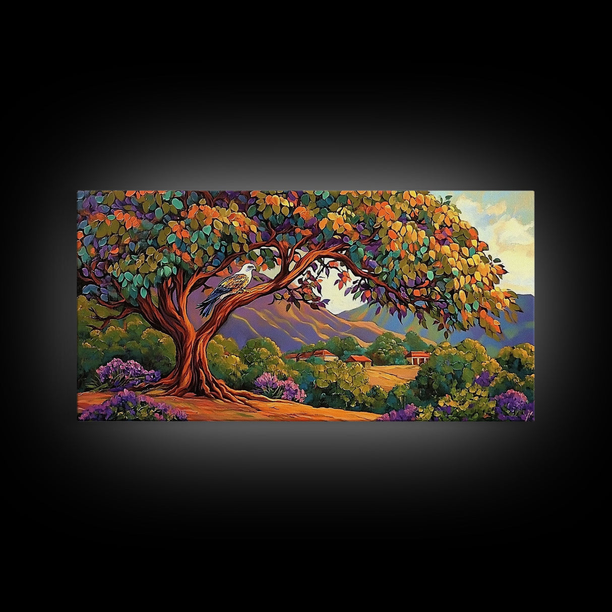 Tree Bird, Village, Sunset, Canvas Print autumn countryside art, peaceful nature wall painting, colorful landscape, farmhouse decor