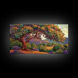 Tree Bird, Village, Sunset, Canvas Print autumn countryside art, peaceful nature wall painting, colorful landscape, farmhouse decor