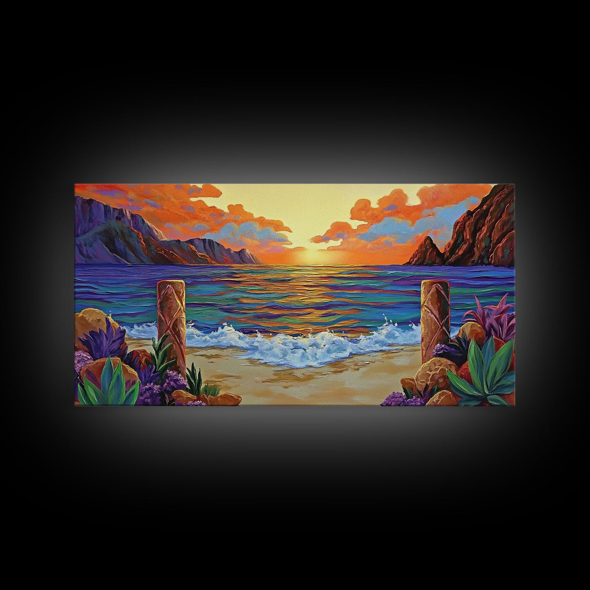 Sunset Beach, Waves, Colorful sunset beach seascape with waves and mountain view, Canvas Print, tropical coastal wall decor