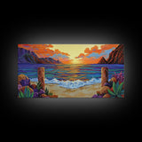 Sunset Beach, Waves, Colorful sunset beach seascape with waves and mountain view, Canvas Print, tropical coastal wall decor