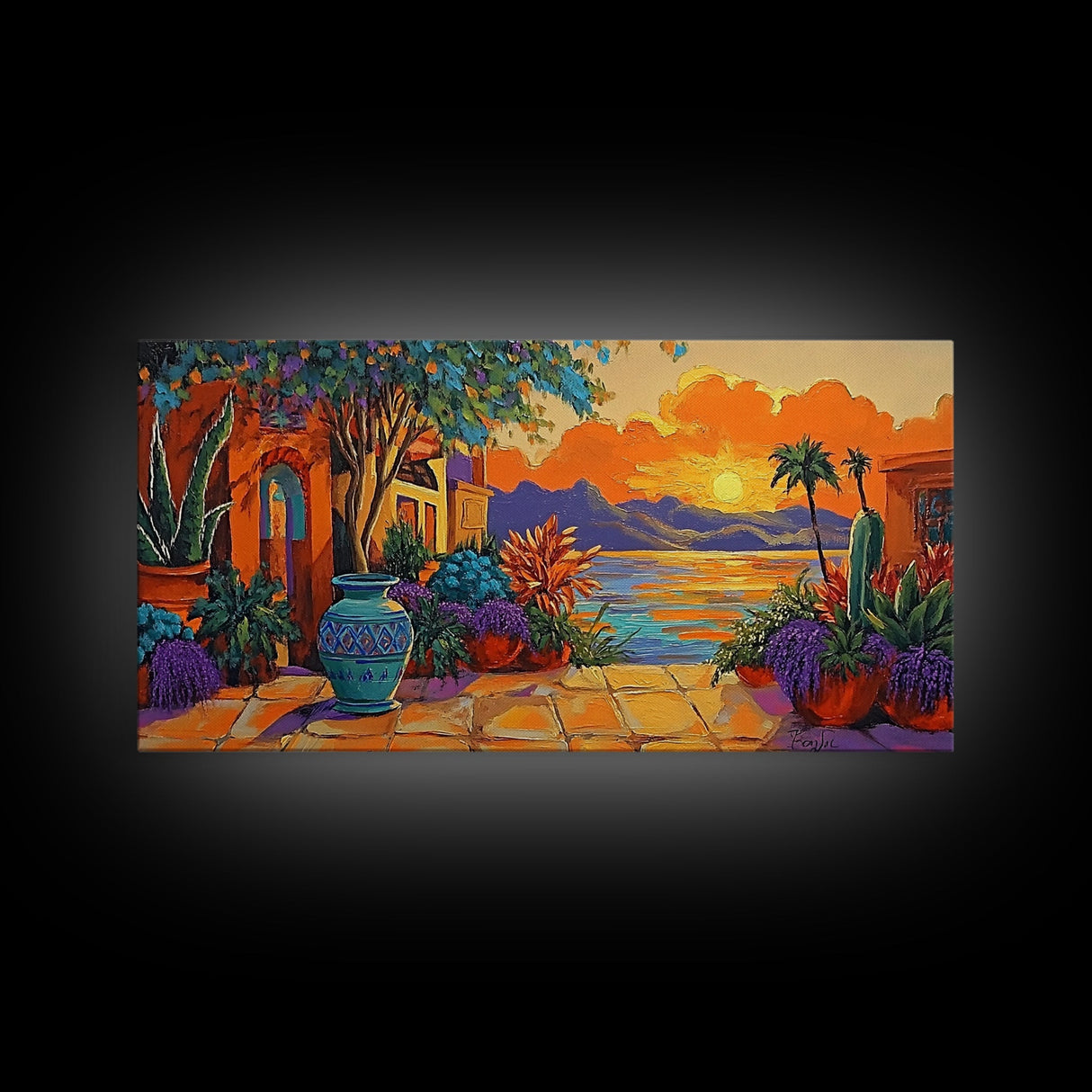 Sunset Courtyard, View, Vibrant sunset courtyard scene with ocean and mountain backdrop, Framed Canvas Print, kitchen wall art