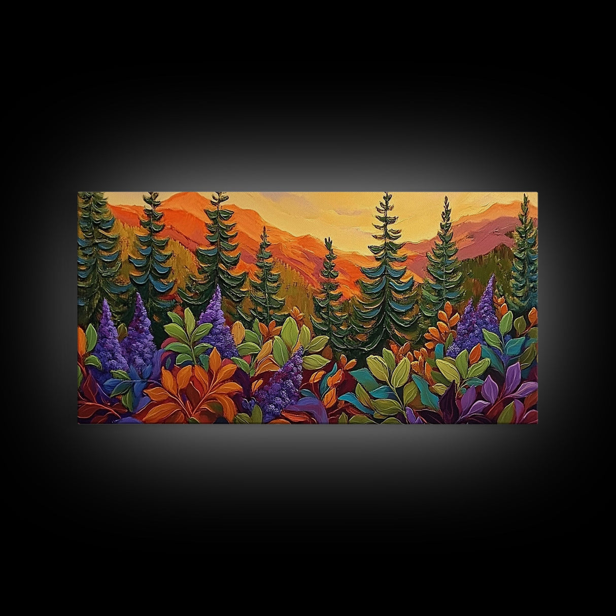 Fall Forest, Pines, Vibrant autumn forest painting with pine trees and colorful foliage, Canvas Print, Fall living room wall art