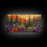 Fall Forest, Pines, Vibrant autumn forest painting with pine trees and colorful foliage, Canvas Print, Fall living room wall art
