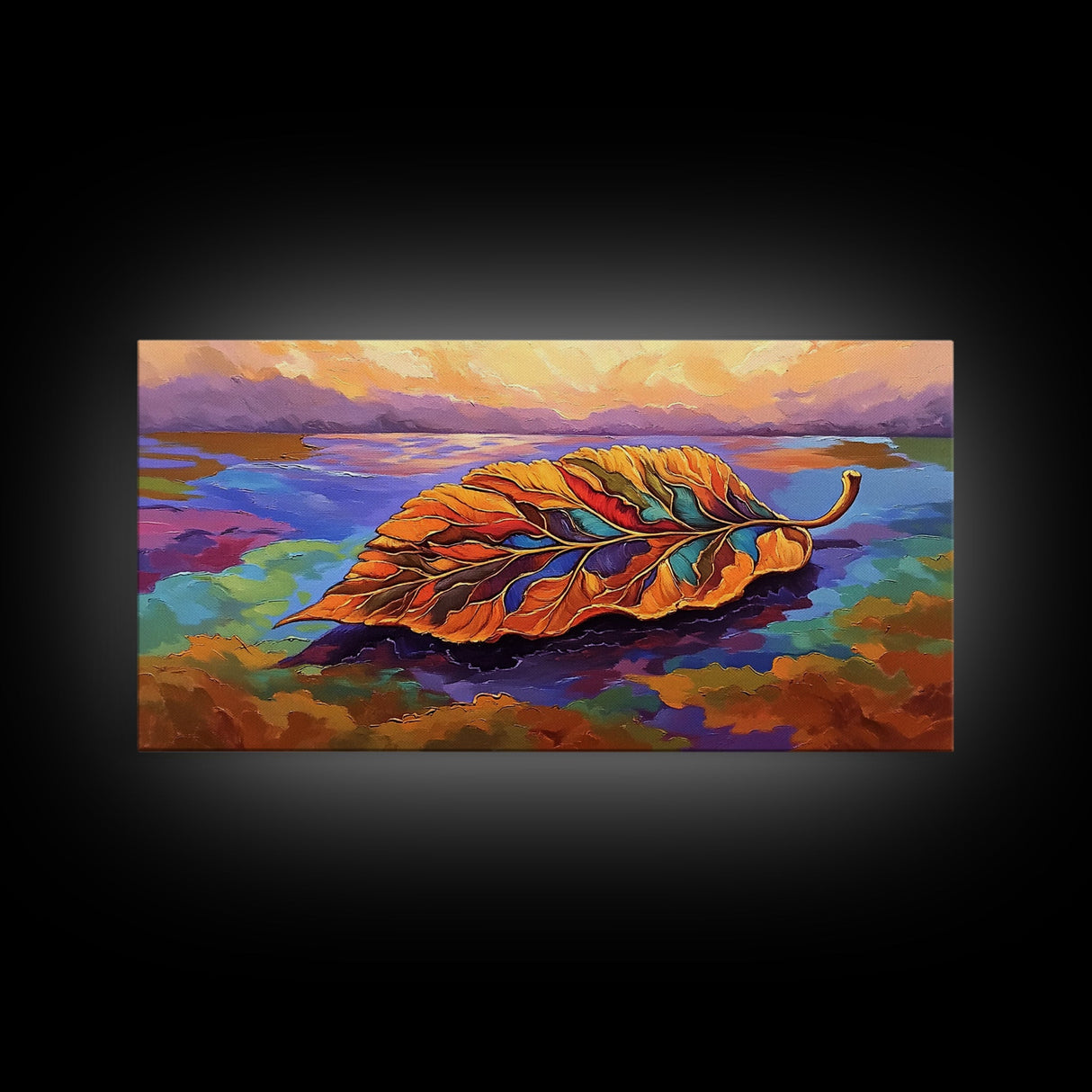 Leaf Autumn, Abstract, Abstract multicolor leaf on vibrant landscape background, Framed Canvas Print, Fall seasonal art, leaf print
