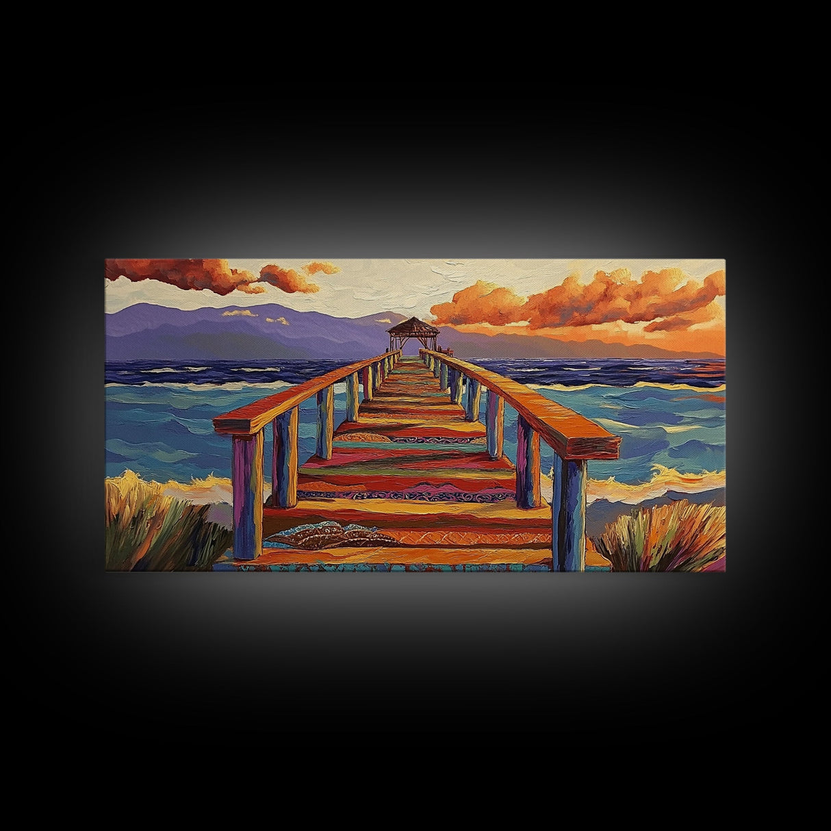 Pier Ocean, Sunset, Vibrant sunset over colorful pier walkway into the sea, Framed Canvas Print, coastal living decor