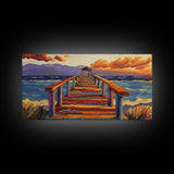 Pier Ocean, Sunset, Vibrant sunset over colorful pier walkway into the sea, Framed Canvas Print, coastal living decor