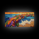 Feathers, Ocean, Sunset, Vibes, Framed Canvas Print, Bold beach decor, coastal boho wall art, tropical living room statement piece