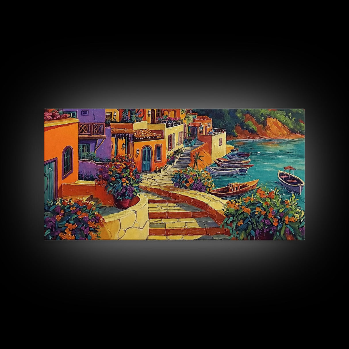 Village, Boats, Coastal, Pathway, Framed Canvas Print, Mediterranean street scene, colorful coastal home decor, kitchen wall art