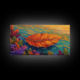 Leaf, Autumn, Floating, Nature, Framed Canvas Print, Fall themed leaf painting, cozy seasonal decor, rustic kitchen wall art