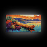 Driftwood, Water, Mountains, Nature, Framed Canvas Print, Scenic log lake art, cabin lodge vibes, peaceful living room wall decor