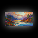 Ocean Sunset View, Vibrant Coastline, Mountain Landscape, Canvas Print, Living Room Wall Art, Colorful Seascape, Nature Painting
