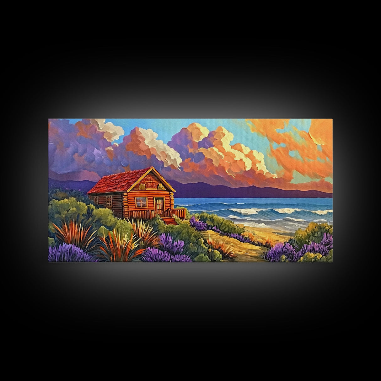 Cabin by Ocean, Colorful Beach Sunset, Cloudy Sky Art, Canvas Print, Autumn Wall Decor, Cozy Living Room Art, Rustic Coastal Scene