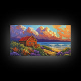 Cabin by Ocean, Colorful Beach Sunset, Cloudy Sky Art, Canvas Print, Autumn Wall Decor, Cozy Living Room Art, Rustic Coastal Scene