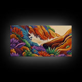 Rocky Wave Crash, Bold Ocean Splash, Coastal Nature Art, Framed Canvas Print, Vibrant Bathroom Decor, Colorful Beach Scene