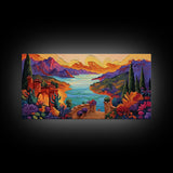 Fantasy Canyon View, Vibrant Mountain Art, Lakeside Sunset, Canvas Print, Mediterranean Decor, Dreamscape Wall Art, Nature Painting