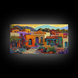 Colorful Adobe Homes, Desert Village Scene, Southwest Art Style, Canvas Print, Boho Wall Decor, Vibrant Courtyard Painting