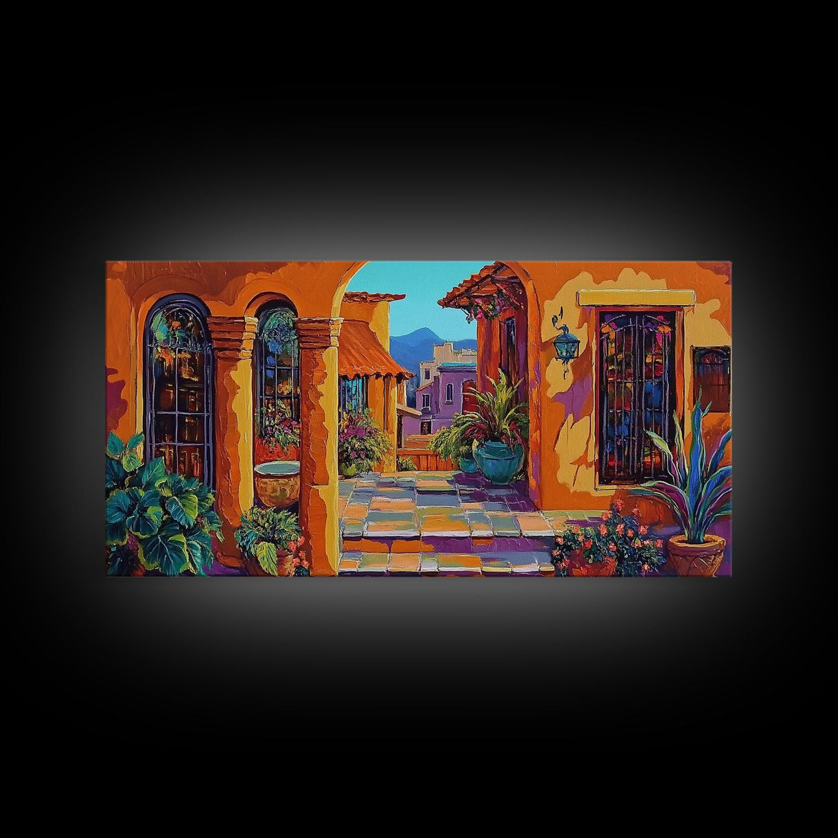 Spanish Courtyard, Colorful Villa Street, Southwest Patio Art, Framed Canvas Print, Mediterranean Home Decor, Rustic Wall Art