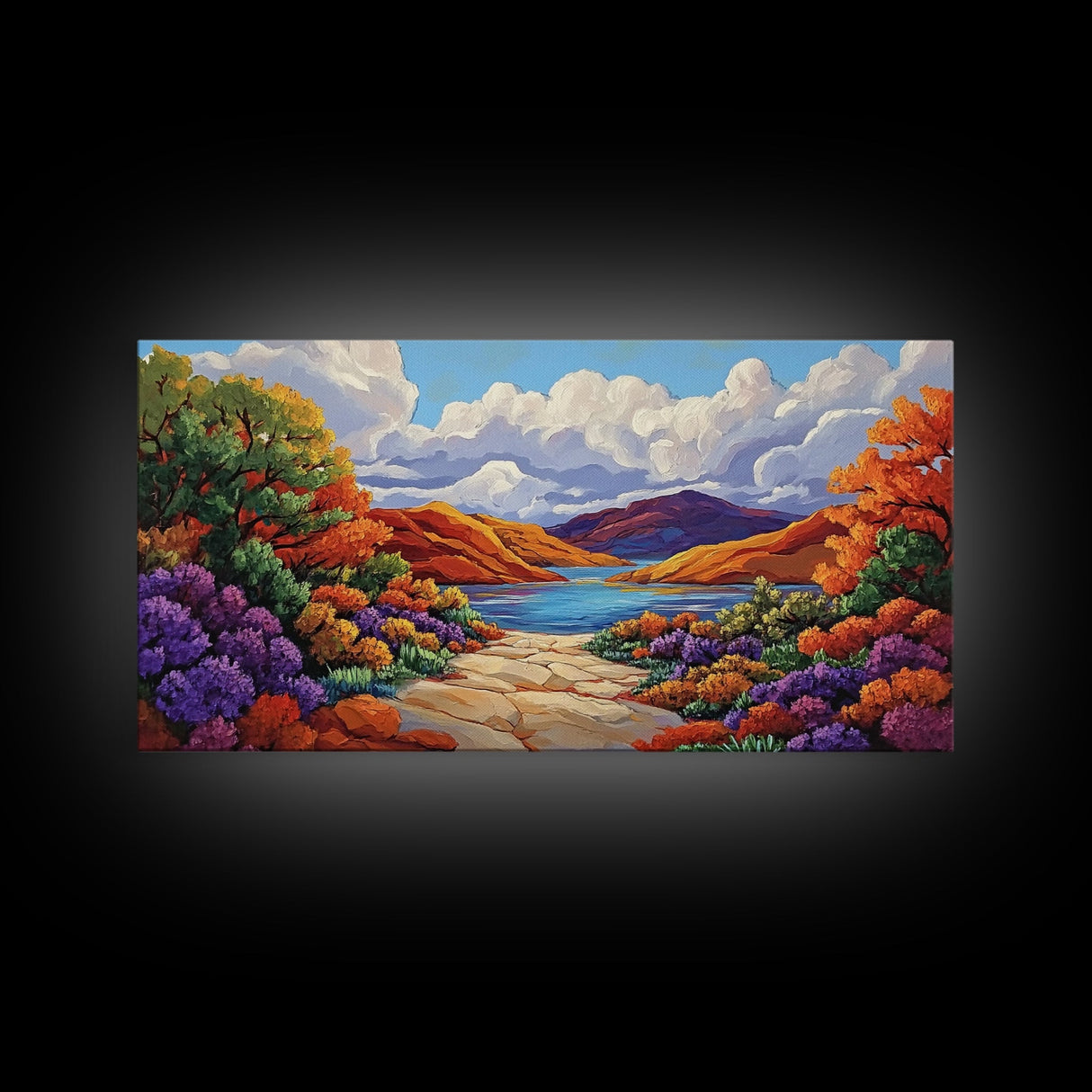 Canyon Lake Path, Colorful Wildflowers, Bold Autumn Hills, Framed Canvas Print, Nature Inspired Wall Art, Southwestern Decor