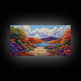Canyon Lake Path, Colorful Wildflowers, Bold Autumn Hills, Framed Canvas Print, Nature Inspired Wall Art, Southwestern Decor