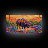 Buffalo Desert, Flowers, Canvas Print, Western buffalo art, colorful desert scene, ranch decor, Office Wall Art, Autumn Wall Art