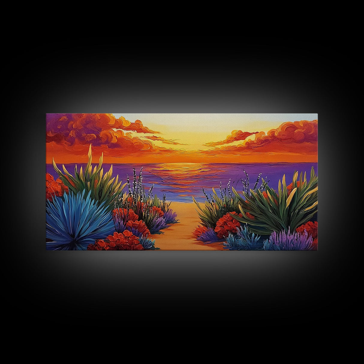 Sunset Ocean, Path, Canvas Print, Coastal sunset landscape, hallway tropical art, bright colorful decor, Beach House Wall Art