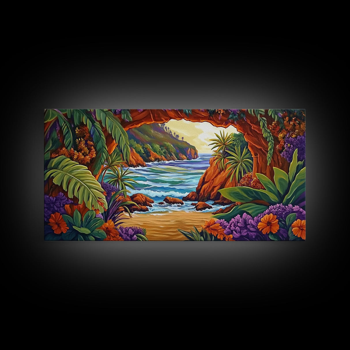 Tropical Archway, Ocean, Sunset, Framed Canvas Print, Coastal Decor, Tropical Wall Art, Landscape Painting, Living Room Artwork