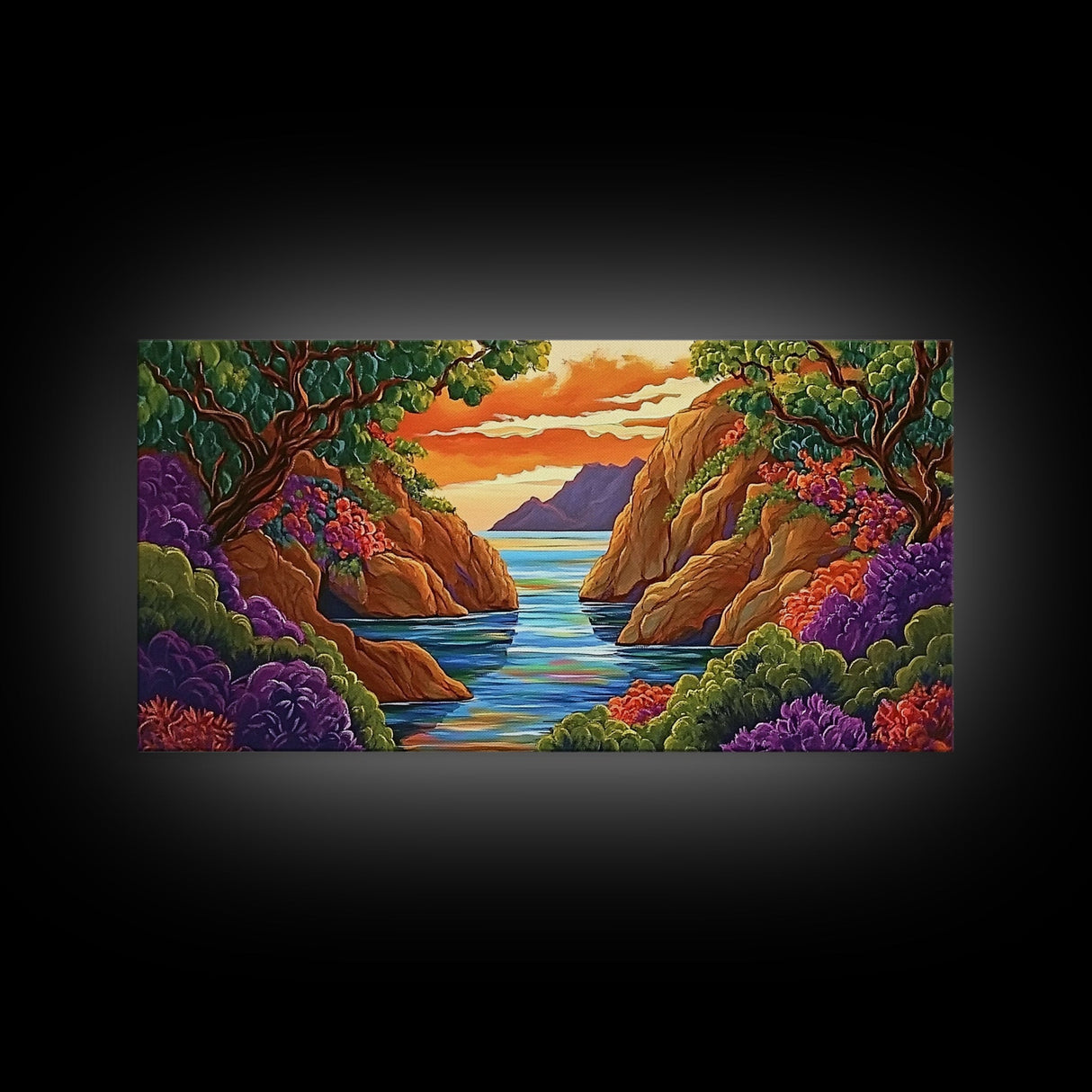 Sunset Bay, Trees, Tropical, Canvas Print, Nature Landscape Art, Colorful Wall Decor, Relaxing Home Vibes, Dining Room Accent