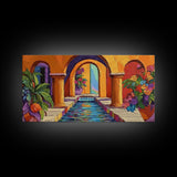 Courtyard Fountain, Colorful, Mediterranean, Framed Canvas Print, Spanish Style Art, Hallway Wall Decor, Bold Architecture Painting