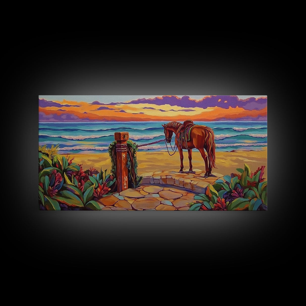 Horse Beach, Sunset, Western, Framed Canvas Print, Cowboy Art, Coastal Wall Decor, Rustic Boho Style, Entryway Statement Piece