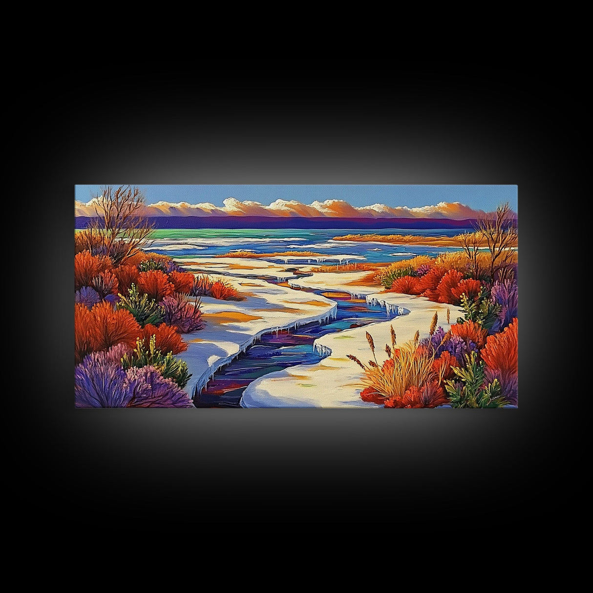 Winter River, Snow, Colorful, Framed Canvas Print, Winter Wonderland Art, Vibrant Seasonal Landscape, Cozy Cabin Wall Decor