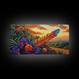 Feather Sunset, Flowers, Nature, Framed Canvas Print, Boho Feather Wall Art, Fall Home Decor, Living Room Autumn Art, Nature Painting