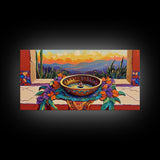 Fountain Sunset Flowers, Serenity, Framed Canvas Print, Southwestern Wall Art, Boho Vibe, Tranquil Home Decor, Kitchen or Entryway Art