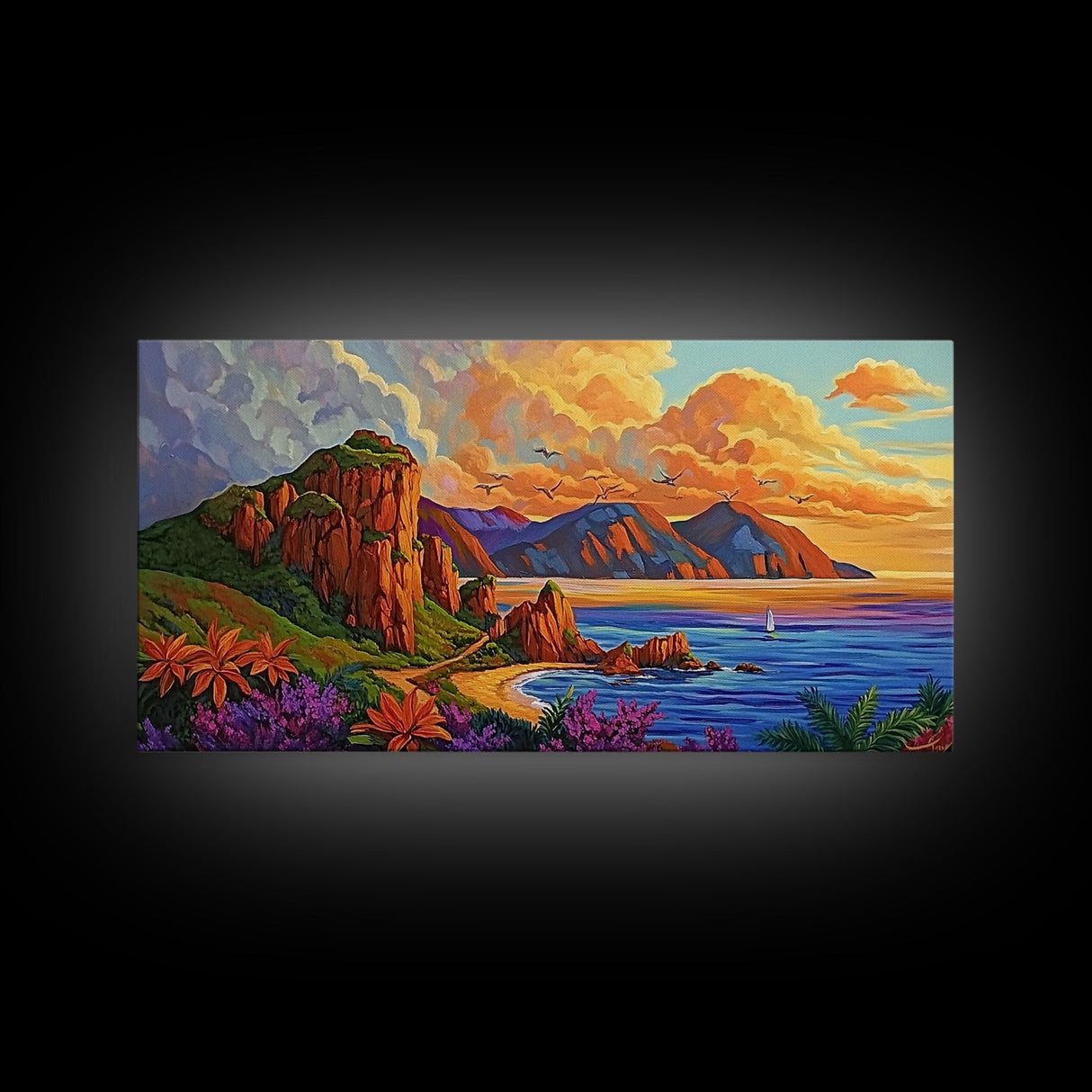 Coastline Mountains, Sunset, Landscape, Framed Canvas Print, Seascape Wall Art, Coastal Decor, Colorful Landscape, Living Room Beach Art