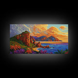 Coastline Mountains, Sunset, Landscape, Framed Canvas Print, Seascape Wall Art, Coastal Decor, Colorful Landscape, Living Room Beach Art