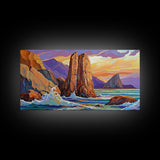 Ocean Rocks, Waves, Sunrise, Framed Canvas Print, Coastal Landscape Art, Nautical Beach Wall Decor, Ocean Sunset Art, Bedroom Accent