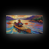 Kayaker Sunset, Mountains, Adventure, Framed Canvas Print, Lake Wall Art, Outdoor Lover Gift, Autumn Adventure Decor, Man Cave Wall Art