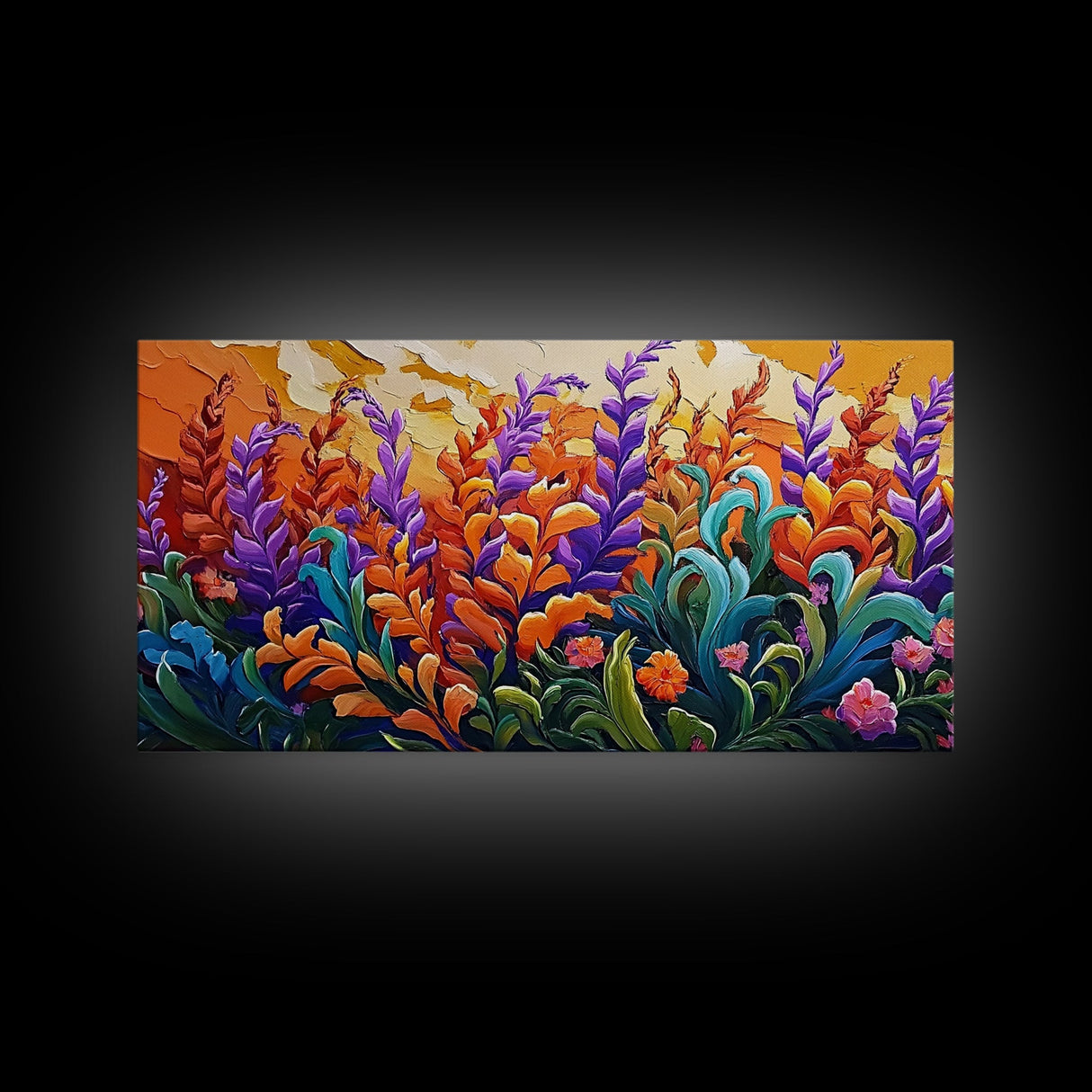 Flowers Sunset, Vibrant, Nature, Framed Canvas Print, Fall Wildflower Art, Boho Floral Wall Decor, Kitchen or Entryway Accent