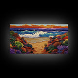 Waves Beach, Sunset, Coastal, Framed Canvas Print, Ocean Wall Art, Colorful Seascape Decor, Nautical Living Room Accent, Coastal Vibes