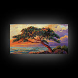Tree Coast, Storm, Drama, Framed Canvas Print ocean pine tree artwork, landscape wall decor, moody nature art, living room accent
