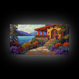 Lake Cabin, Garden, Pathway, Framed Canvas Print lakeside retreat artwork, rustic home wall art, cozy landscape scene, autumn print