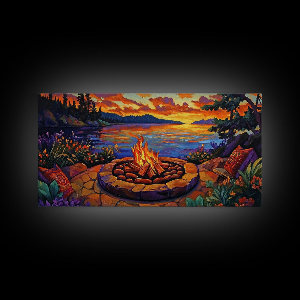 Firepit Sunset, Cozy, Night, Canvas Print warm evening campfire artwork, fall wall decor, lakeside cabin print, romantic outdoor setting