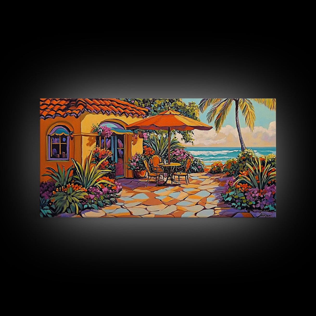 Patio Palm, Ocean, Framed Canvas Print, Tropical Patio Garden Scene, Warm Mediterranean Style Wall Decor,  Dining Room Art