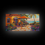 Patio Palm, Ocean, Framed Canvas Print, Tropical Patio Garden Scene, Warm Mediterranean Style Wall Decor,  Dining Room Art