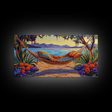 Hammock Lake, Relax, Peace, Framed Canvas Print tropical lakeside retreat artwork, relaxing boho bedroom art, beachy summer decor