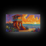 Beach Sunset, Tower, Tropical, Canvas Print, Coastal sunset art, boho beach house decor, vibrant tropical wall art, living room art