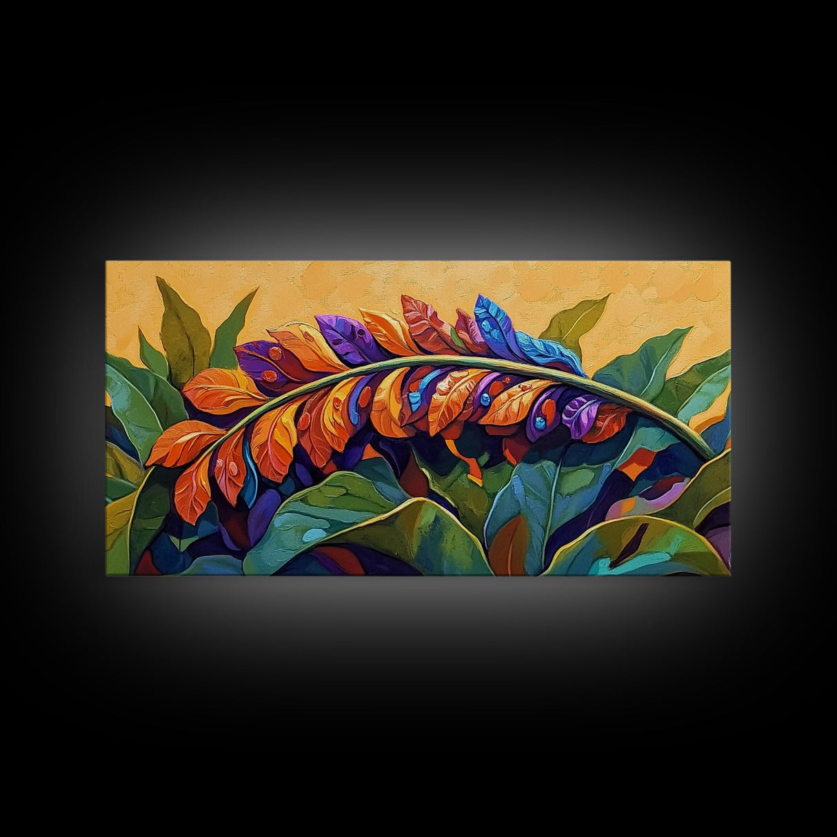 Tropical Leaves, Bright, Fall, Framed Canvas Print, botanical fall wall art, colorful boho tropical leaves painting, kitchen home decor